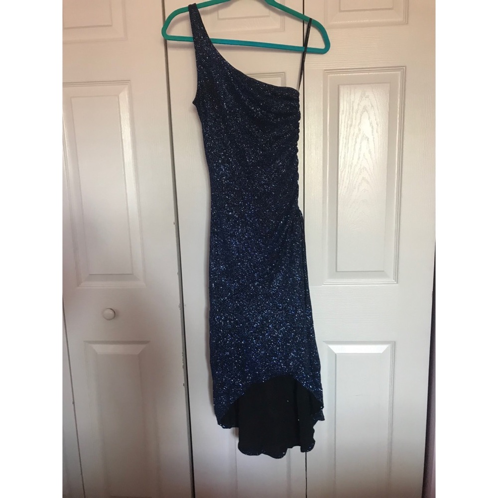 Blue sequins formal one shoulder dress